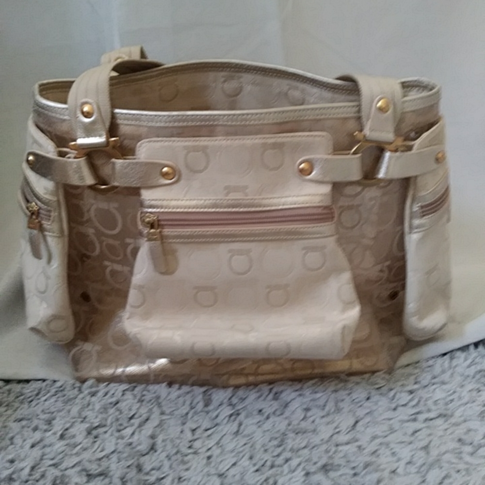 Salvatore Ferragamo Gold Cream Logo Bag
